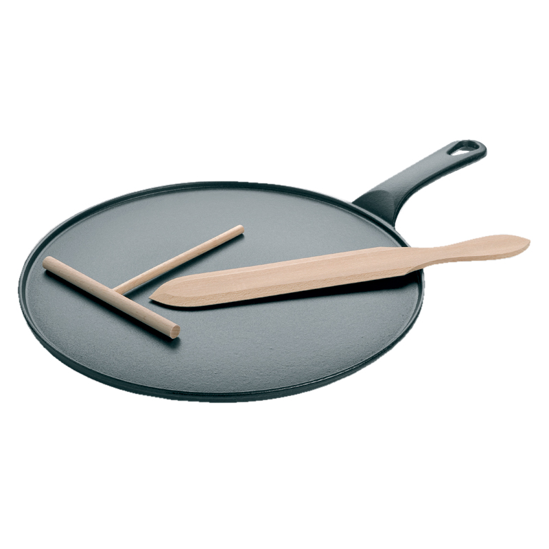 Сковорода д/блинов с лопат.и шпателем; чугун,дерево; D=30,H=4.5,L=43см; черный,бежев. 071122